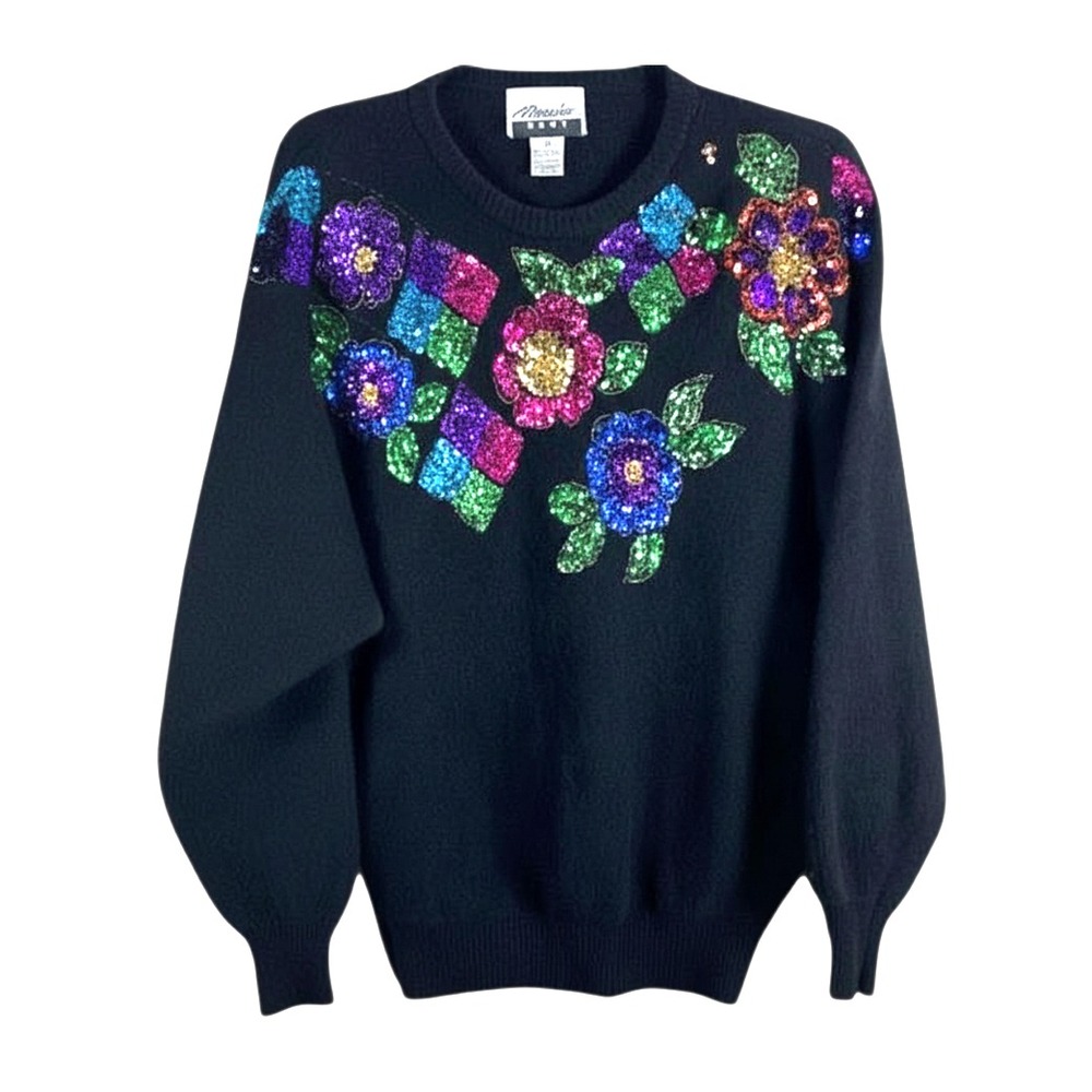 VTG Marnie West Black Sweater SEQUIN FLOWERS Lambswool/Angora Coquette Fuzzy M